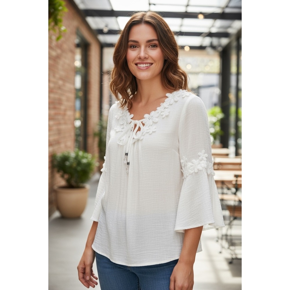 NY Collection Womens XS White Lace Trim Tie Neck Bell Sleeve Blouse Top